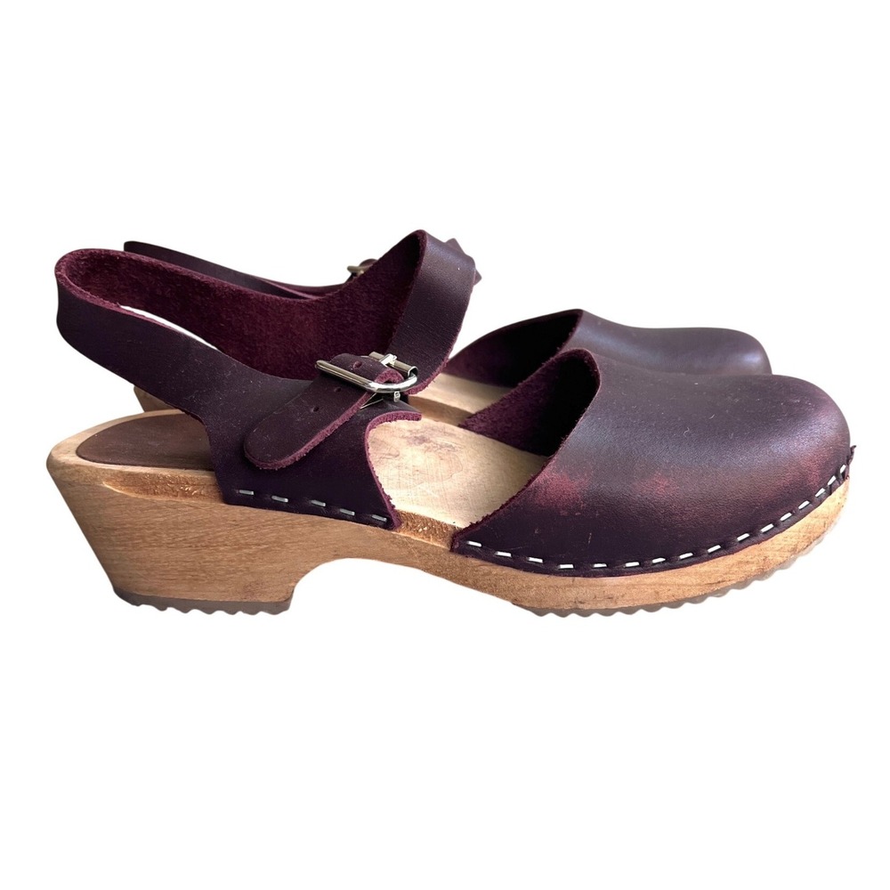 Lotta Swedish Clogs 39 Plum Purple Leather Slingback Low Wood Heel Aubergine